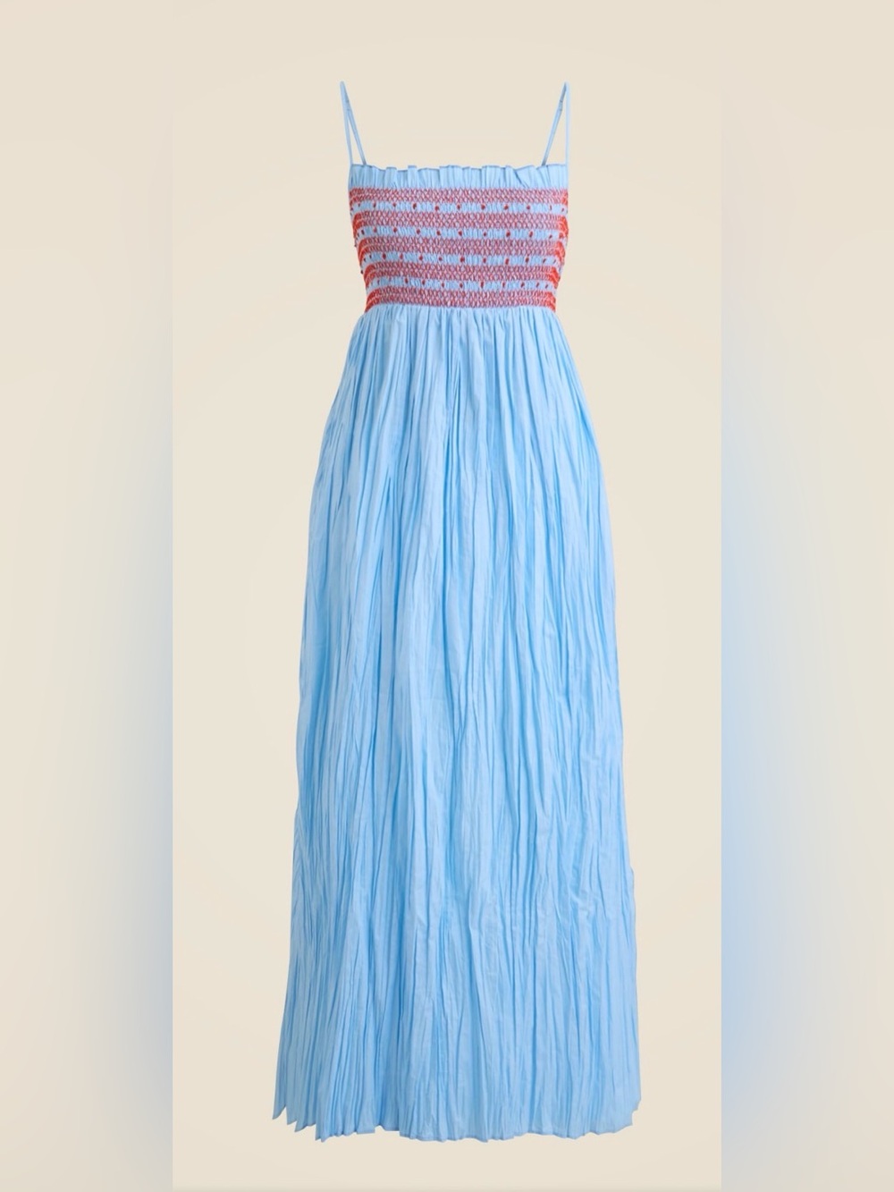 NWOT J. Crew Light Blue & Red Catania Crinkled Maxi Dress, size XL